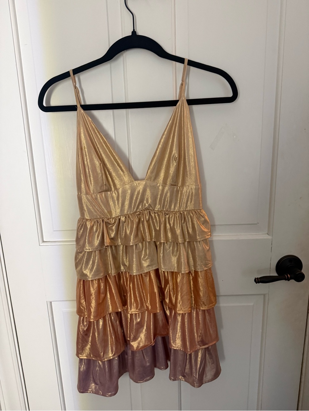 Storia Tiered Ruffle Slip Dress in Gold and Rose